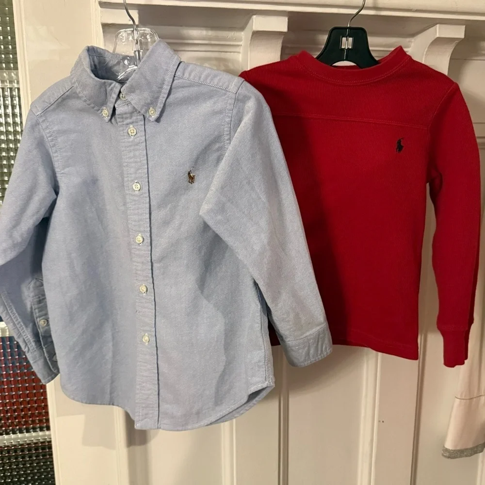 Ralph Lauren Boys 2 Pcs Set Blue Oxford Shirt & Red Ribbed Pullover Sz 4T